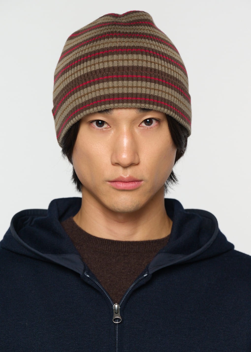 stripe knit beanie, brown