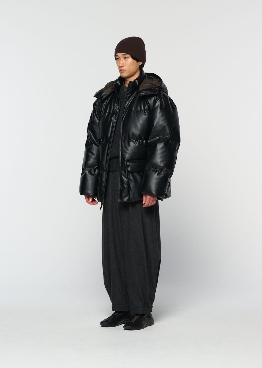 synthetic leather mid puffer, black