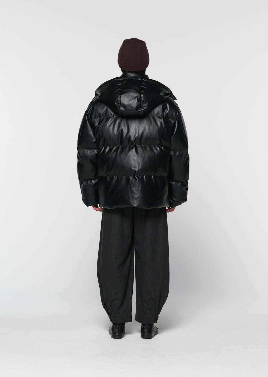 synthetic leather mid puffer, black
