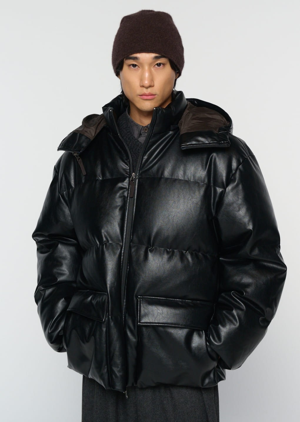 synthetic leather mid puffer, black