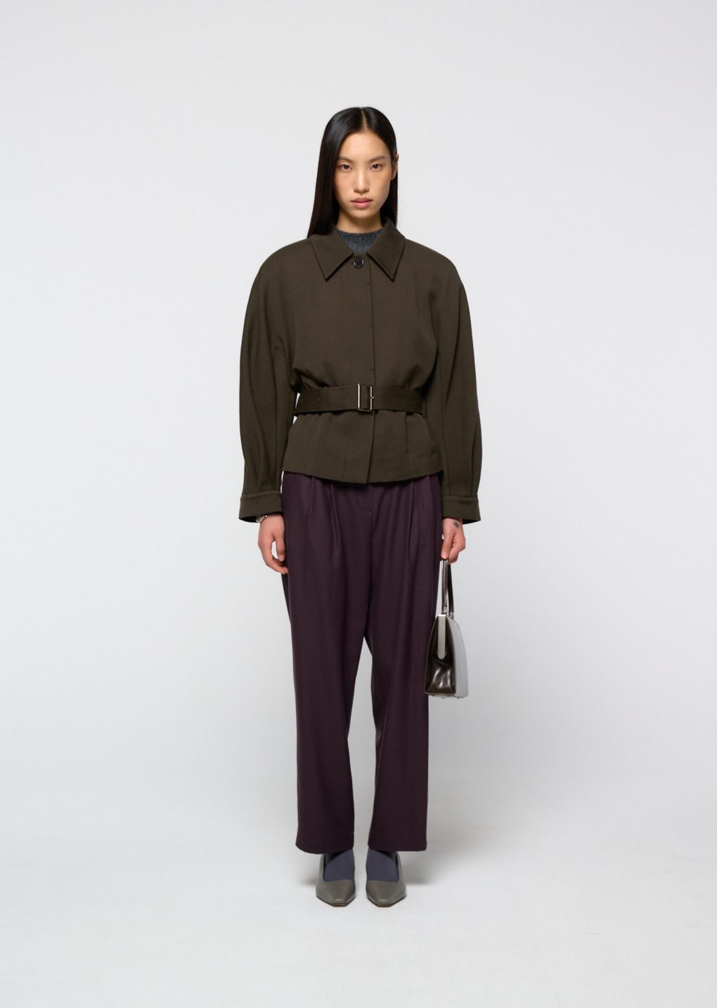 belted wool jacket, brown