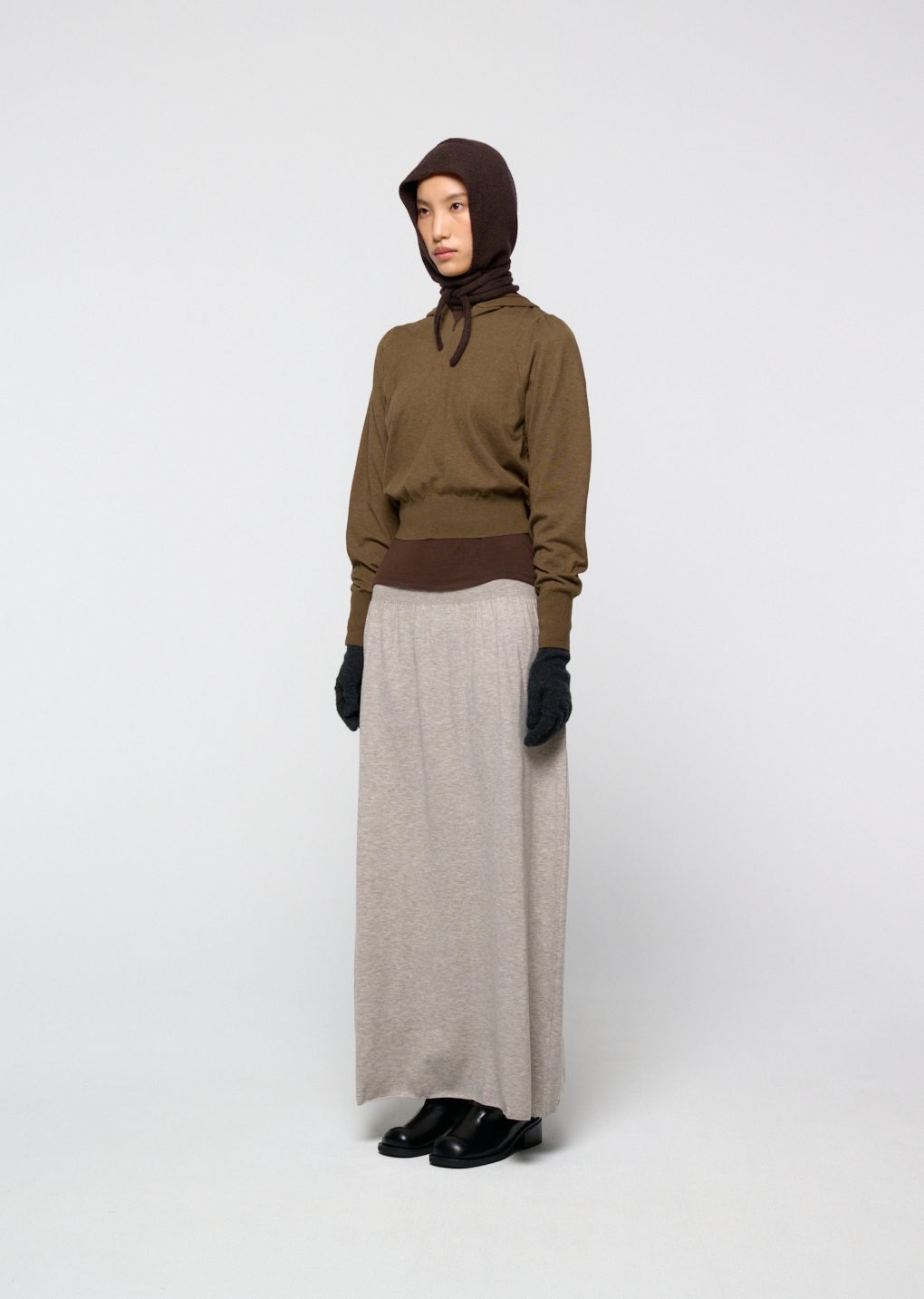 shirring half zip up knit hoodie, khaki