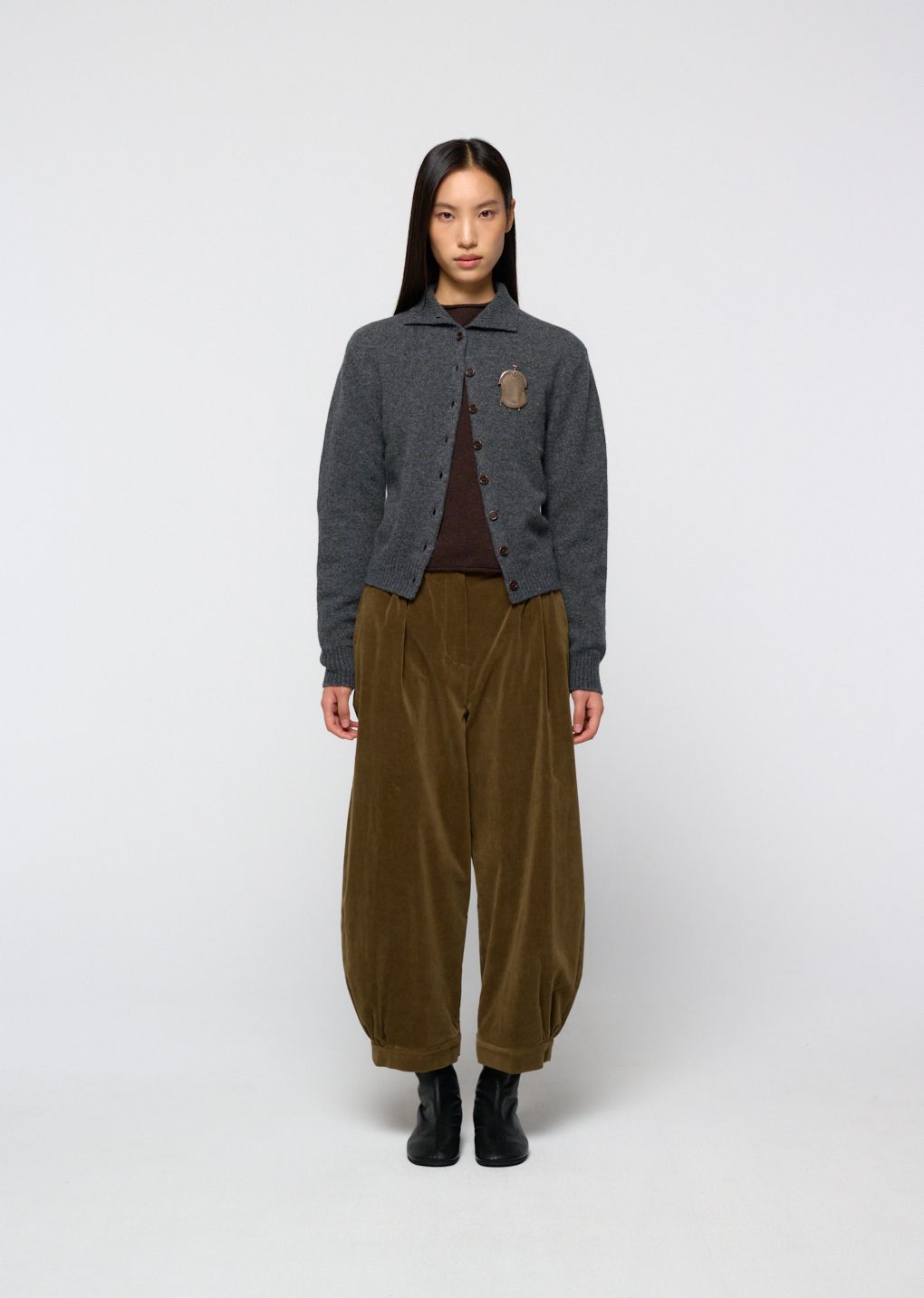 wool button up collar cardigan, charcoal