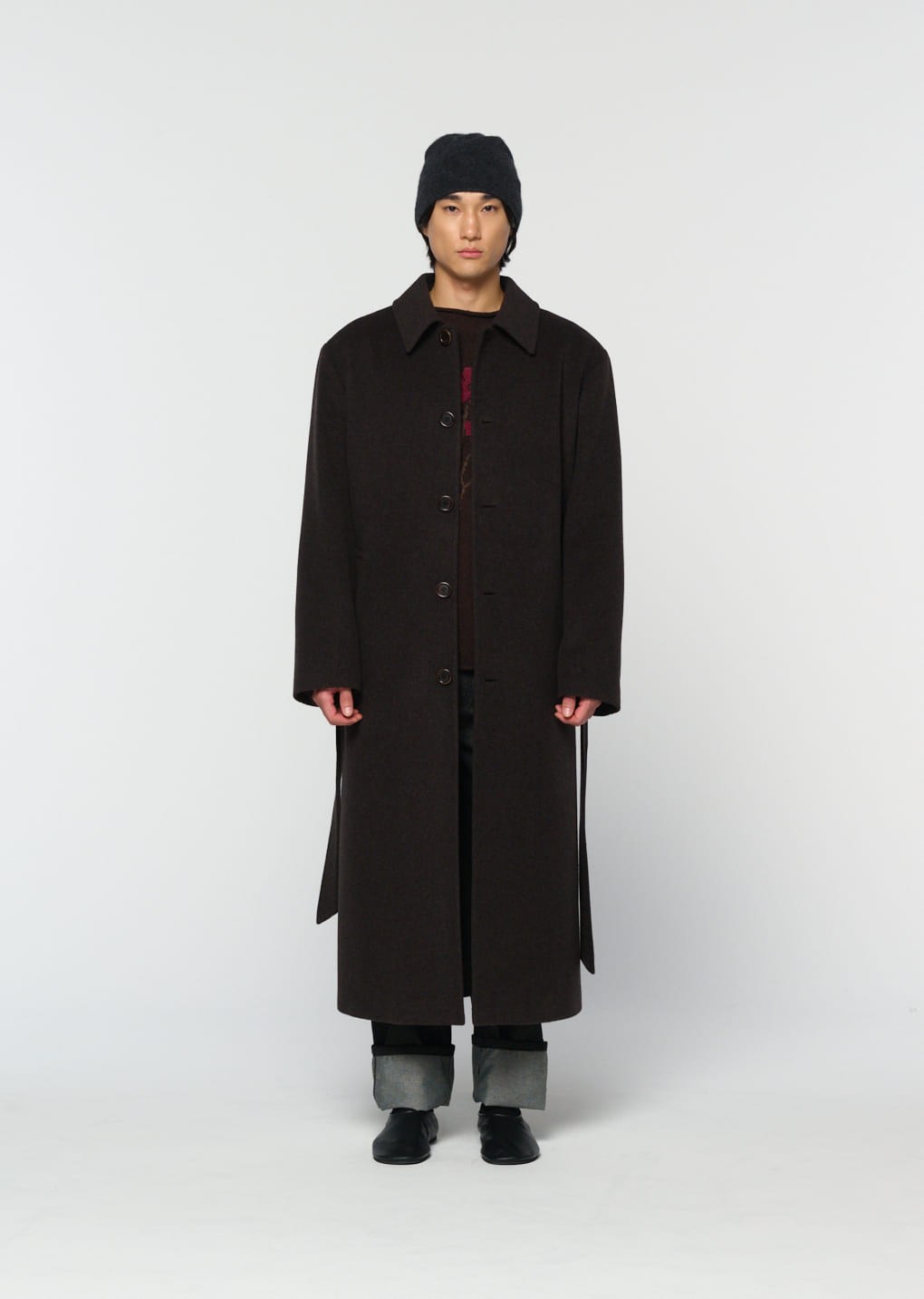 men's single breasted long coat, dark brown hover