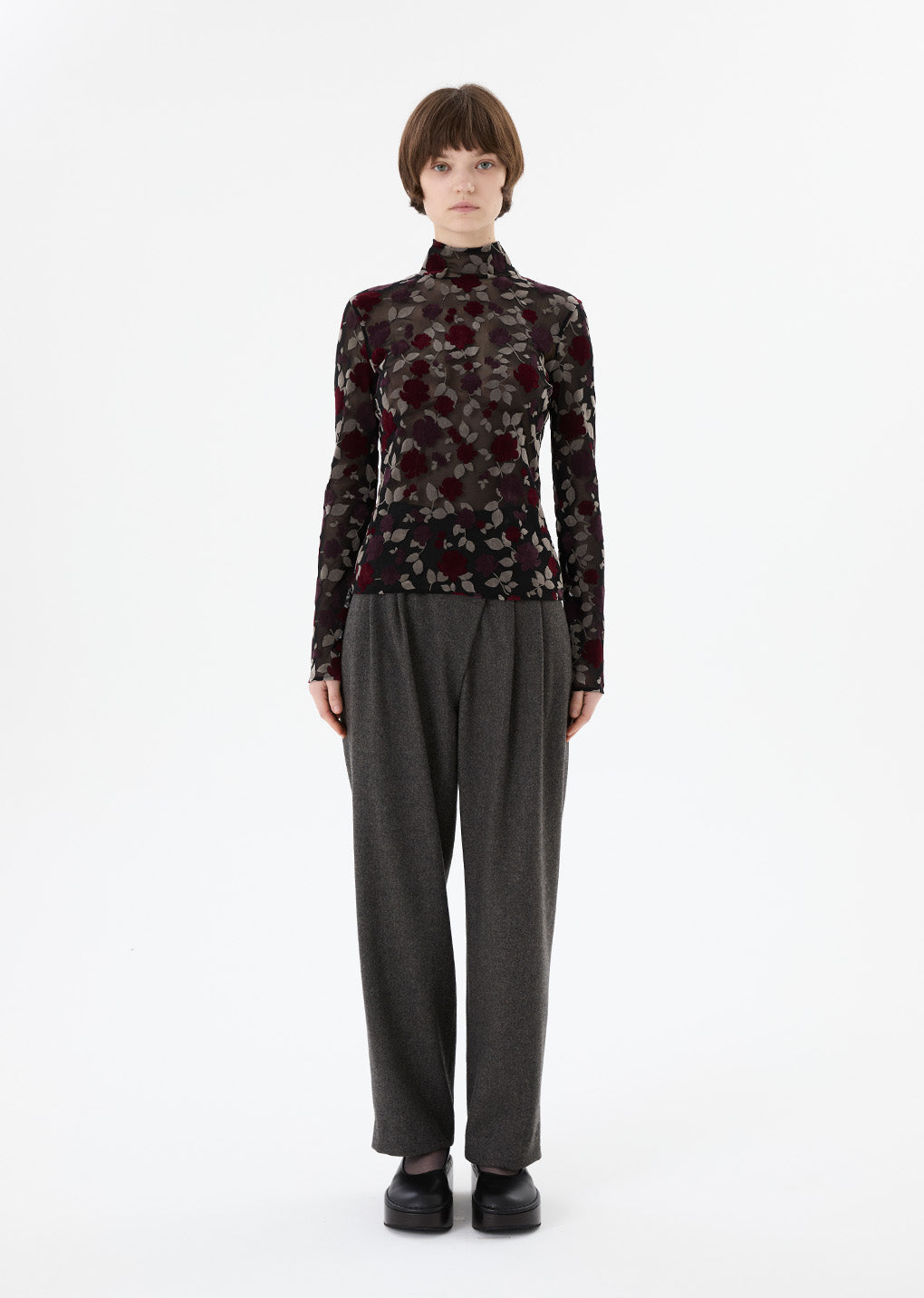 floral mock neck top, black