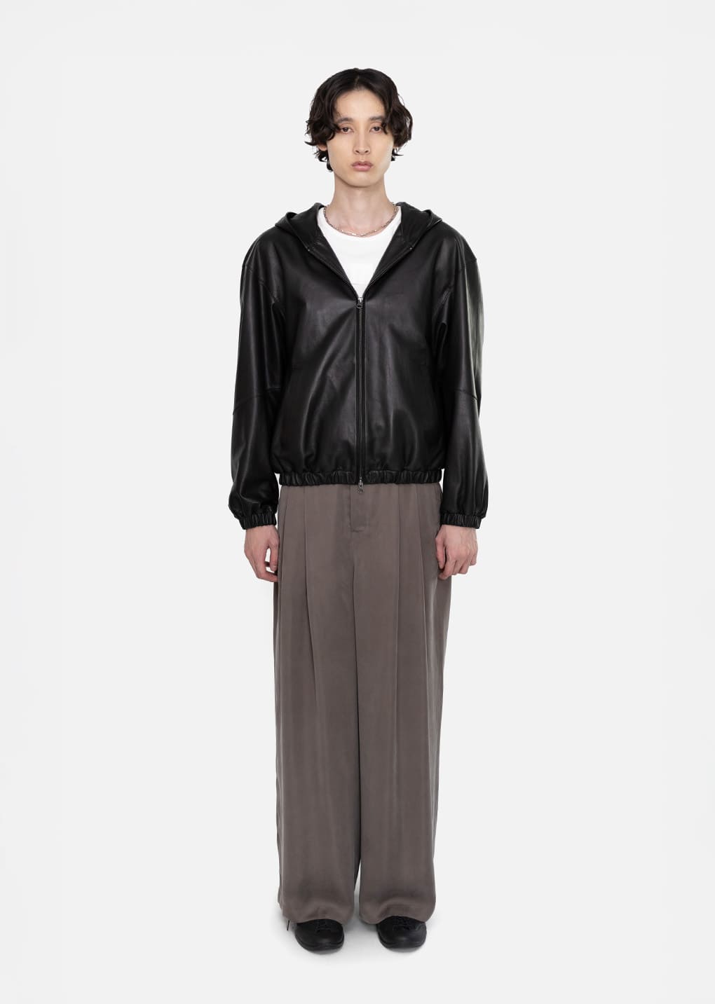 lamb skin leather hood jumper, black