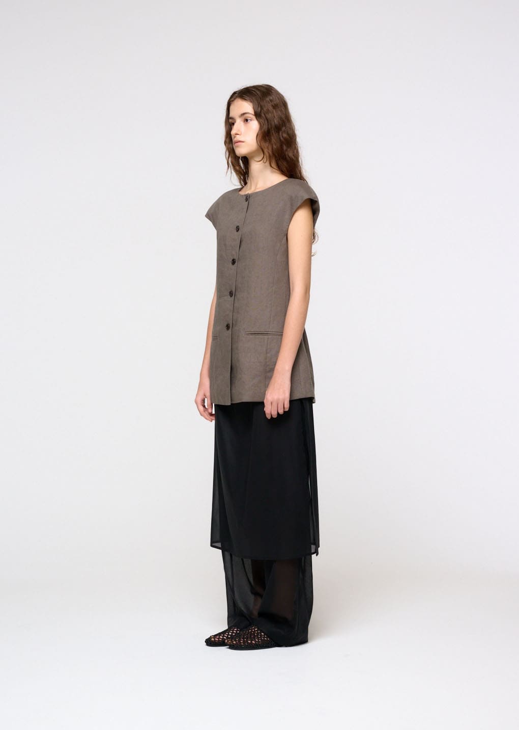 linen curved vest, khaki