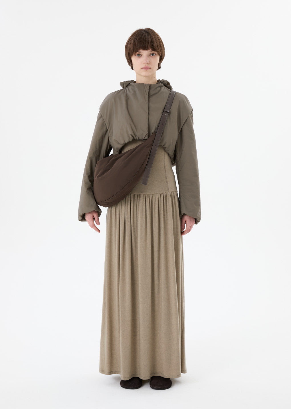 mock neck jersey dress, beige
