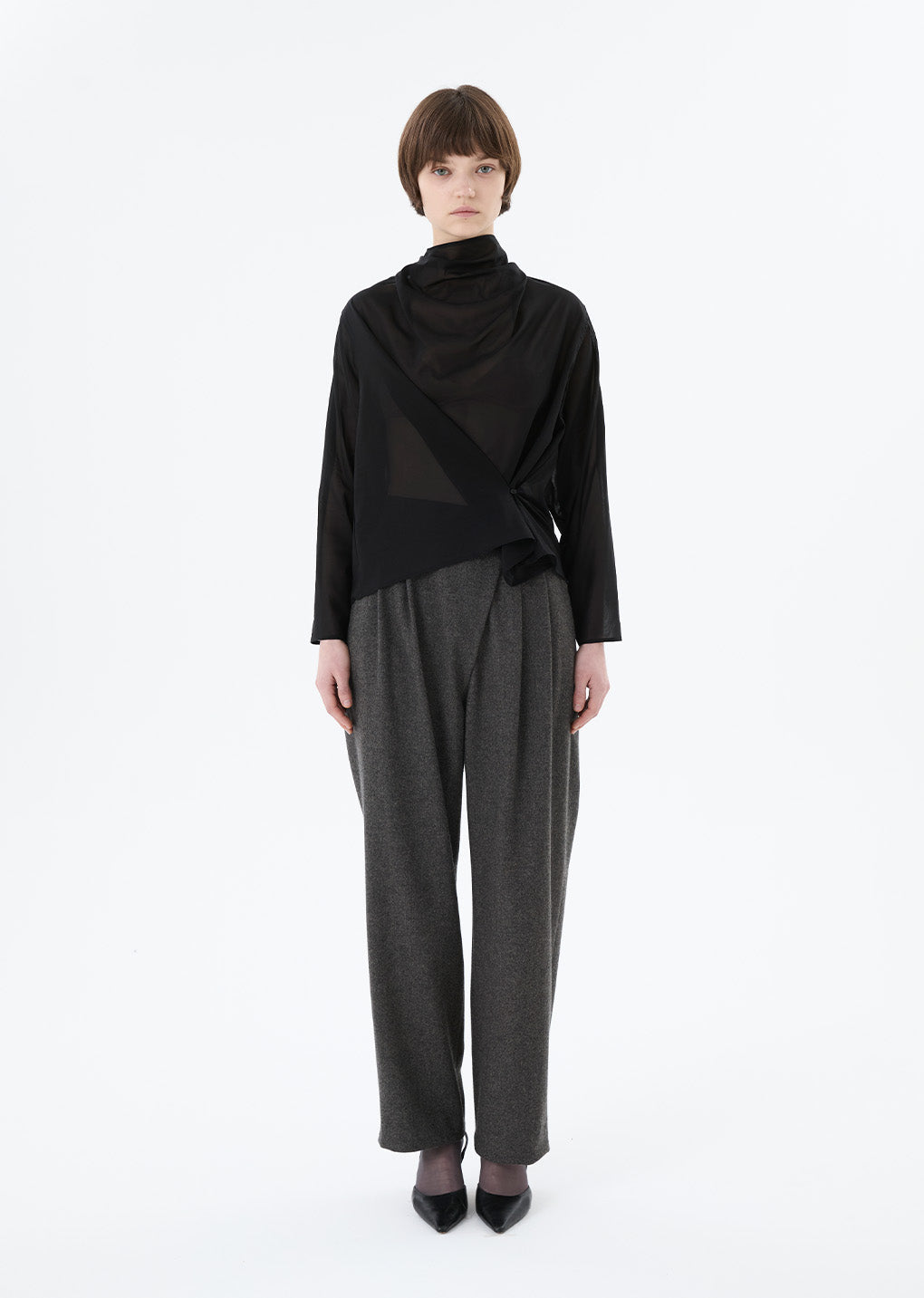 mock neck two way blouse, black