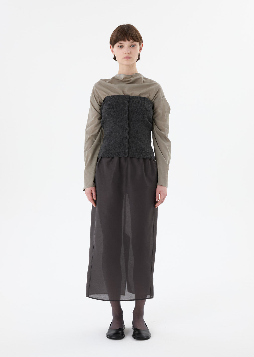 mock neck two way blouse, grey
