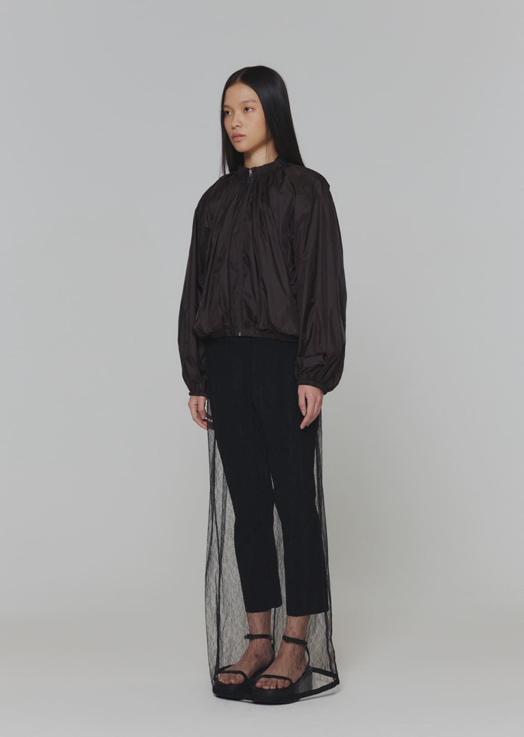 neck shirring volume jumper, dark brown