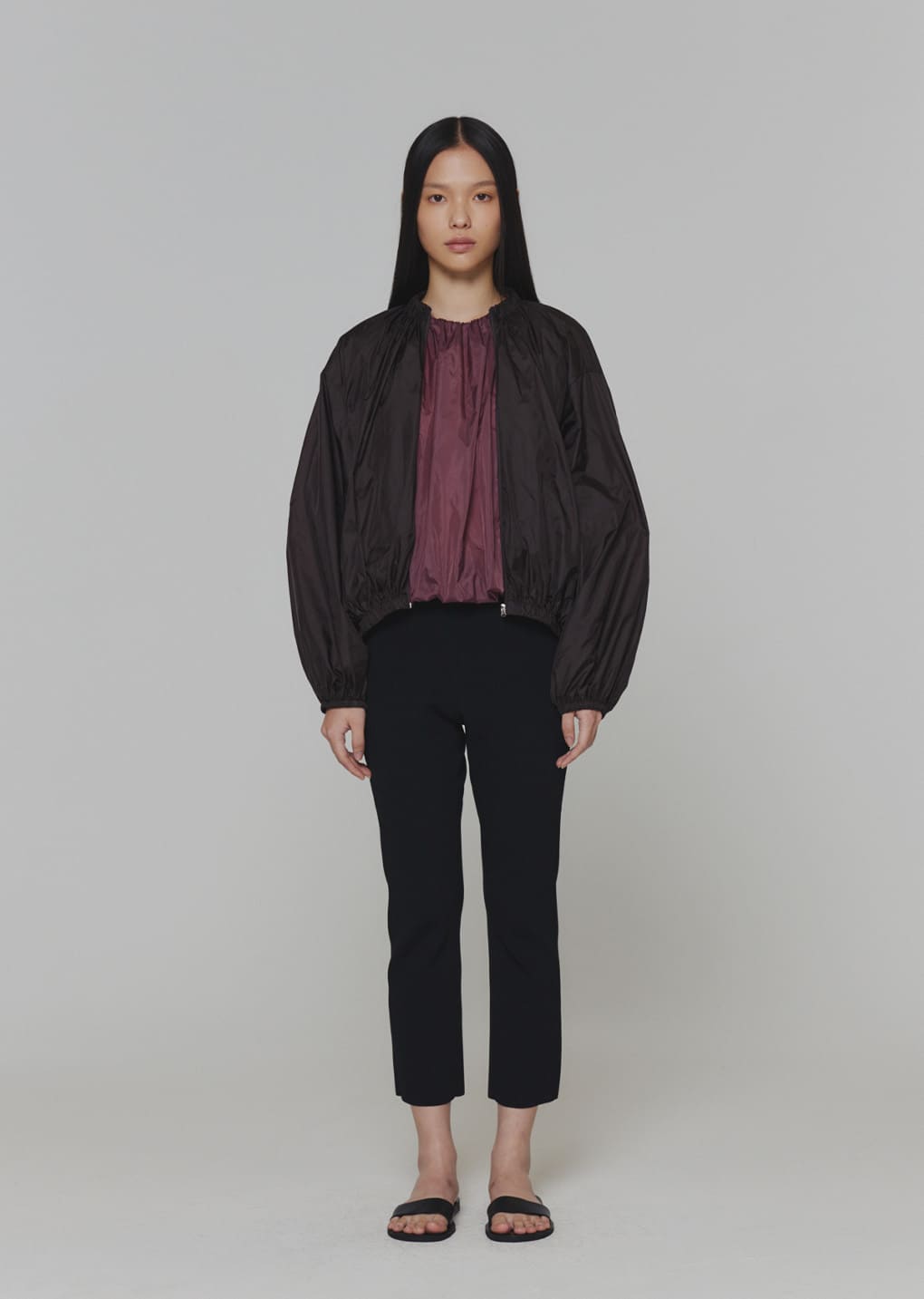 neck shirring volume jumper, dark brown
