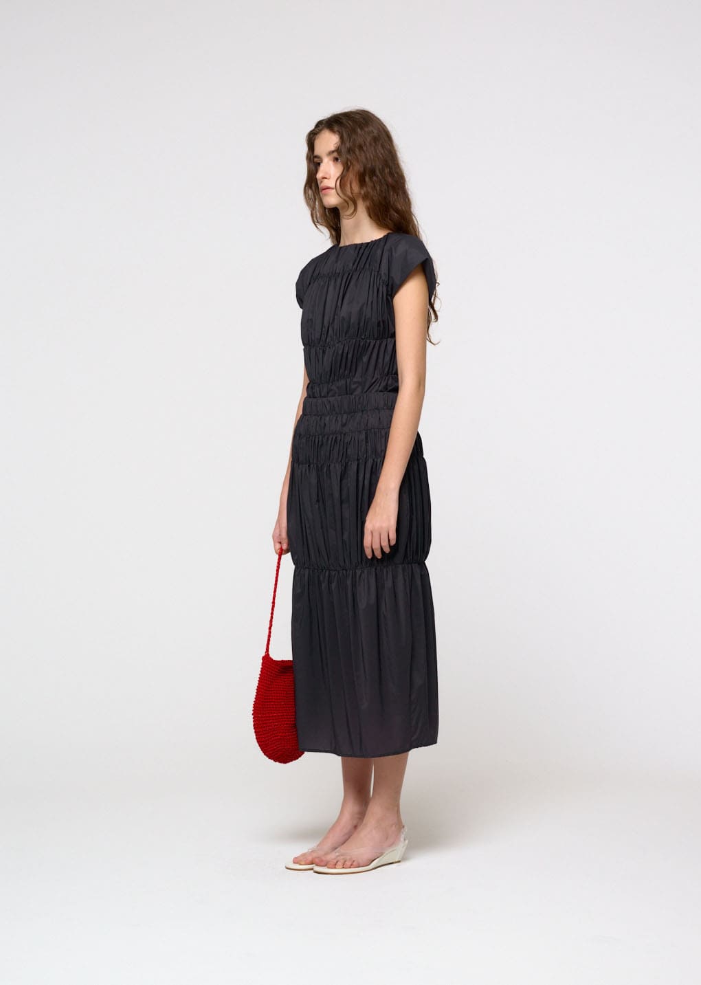nylon shirring dress, charcoal