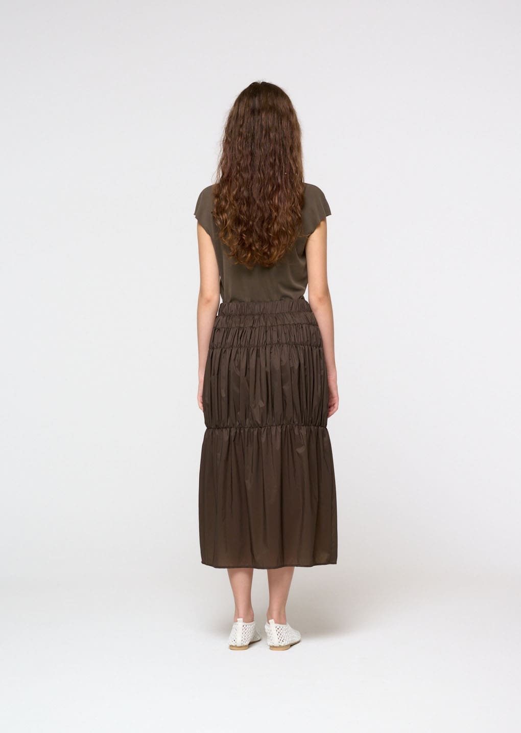 nylon shirring skirt, brown