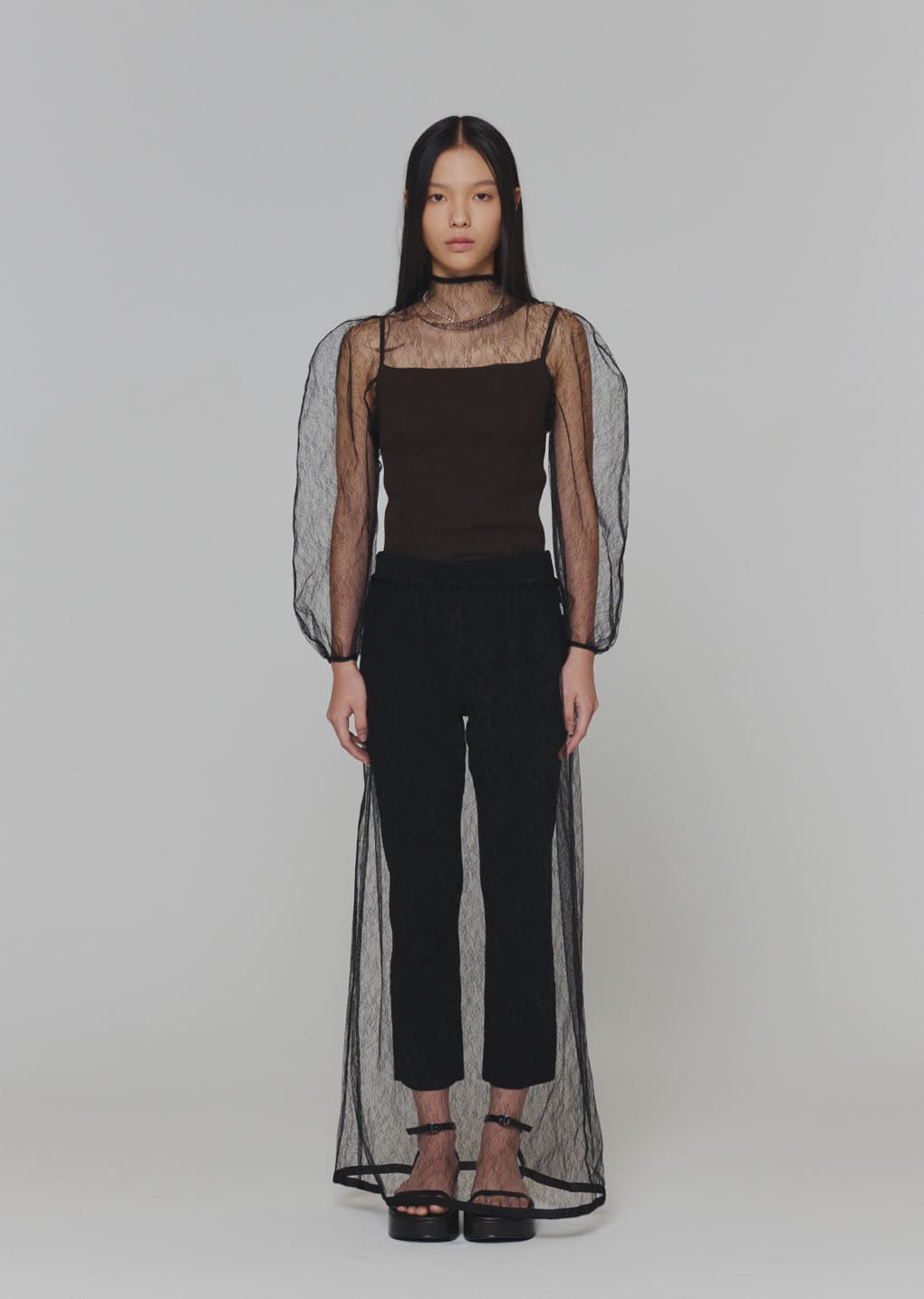 sheer lace mock neck top, black