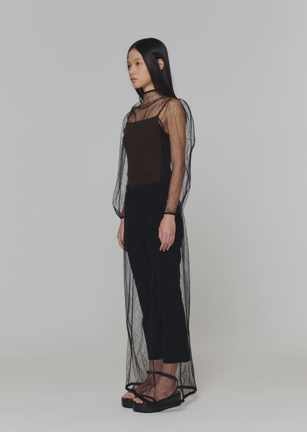 sheer lace mock neck top, black