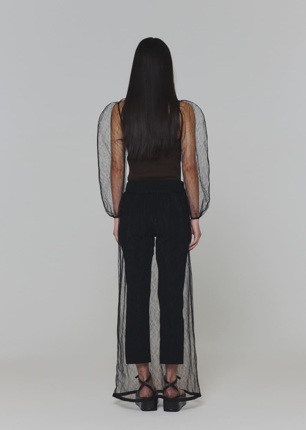 sheer lace mock neck top, black