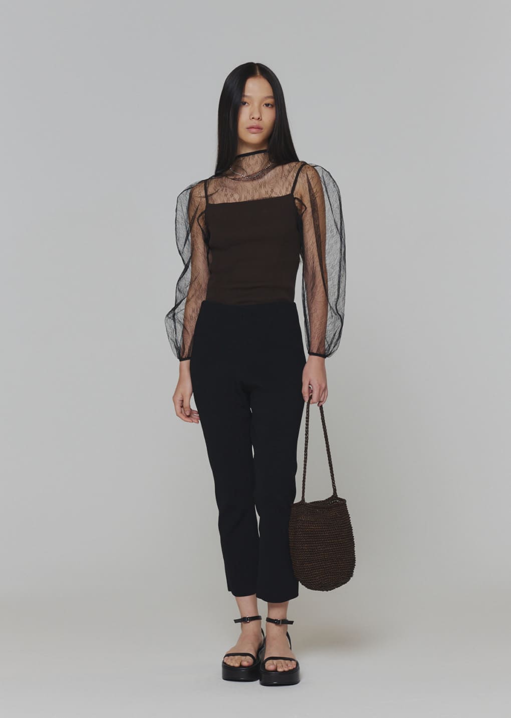 sheer lace mock neck top, black