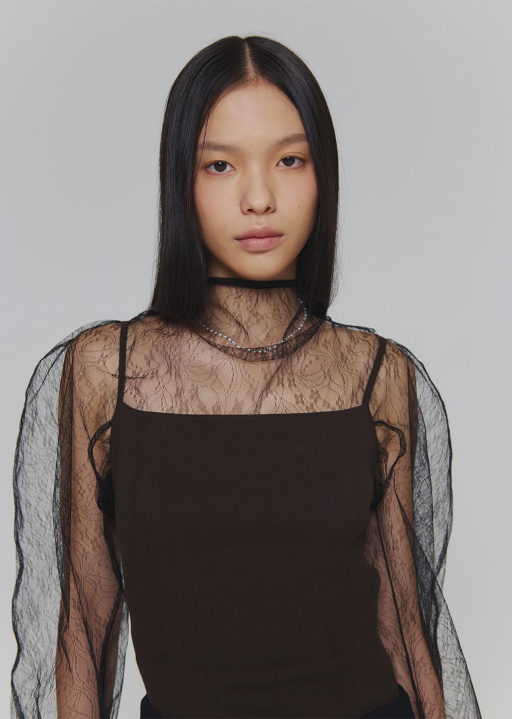 sheer lace mock neck top, black