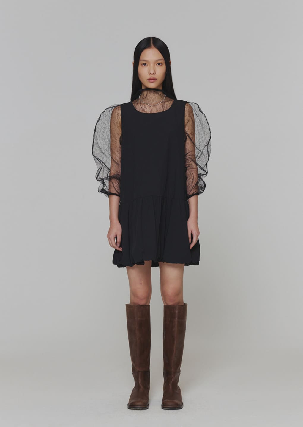 sheer lace mock neck top, black