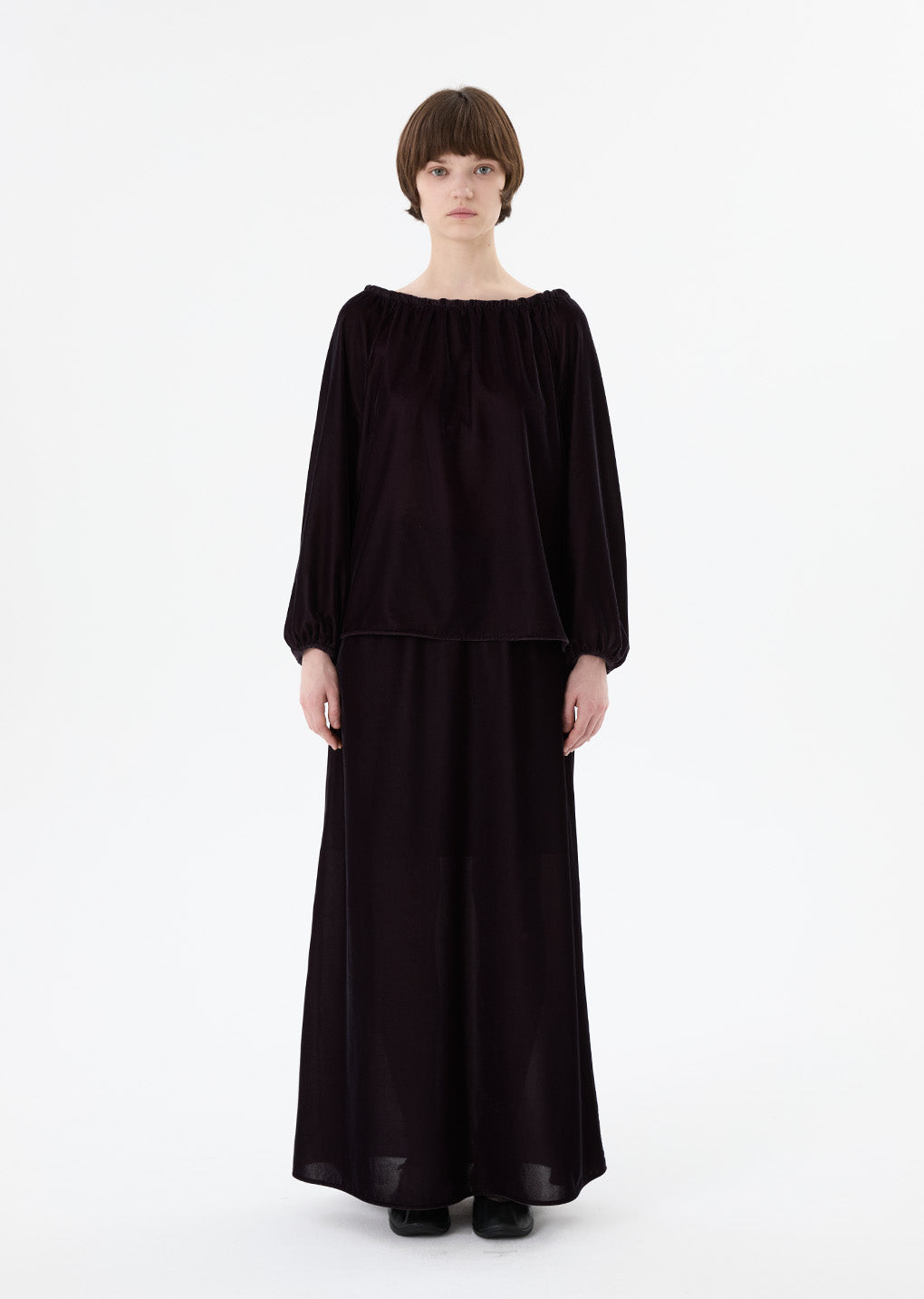 velvet drawstring maxi skirt, brown