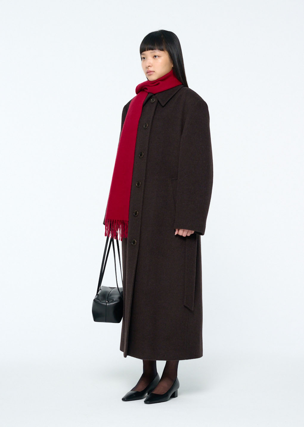 single breasted maxi long coat, dark brown