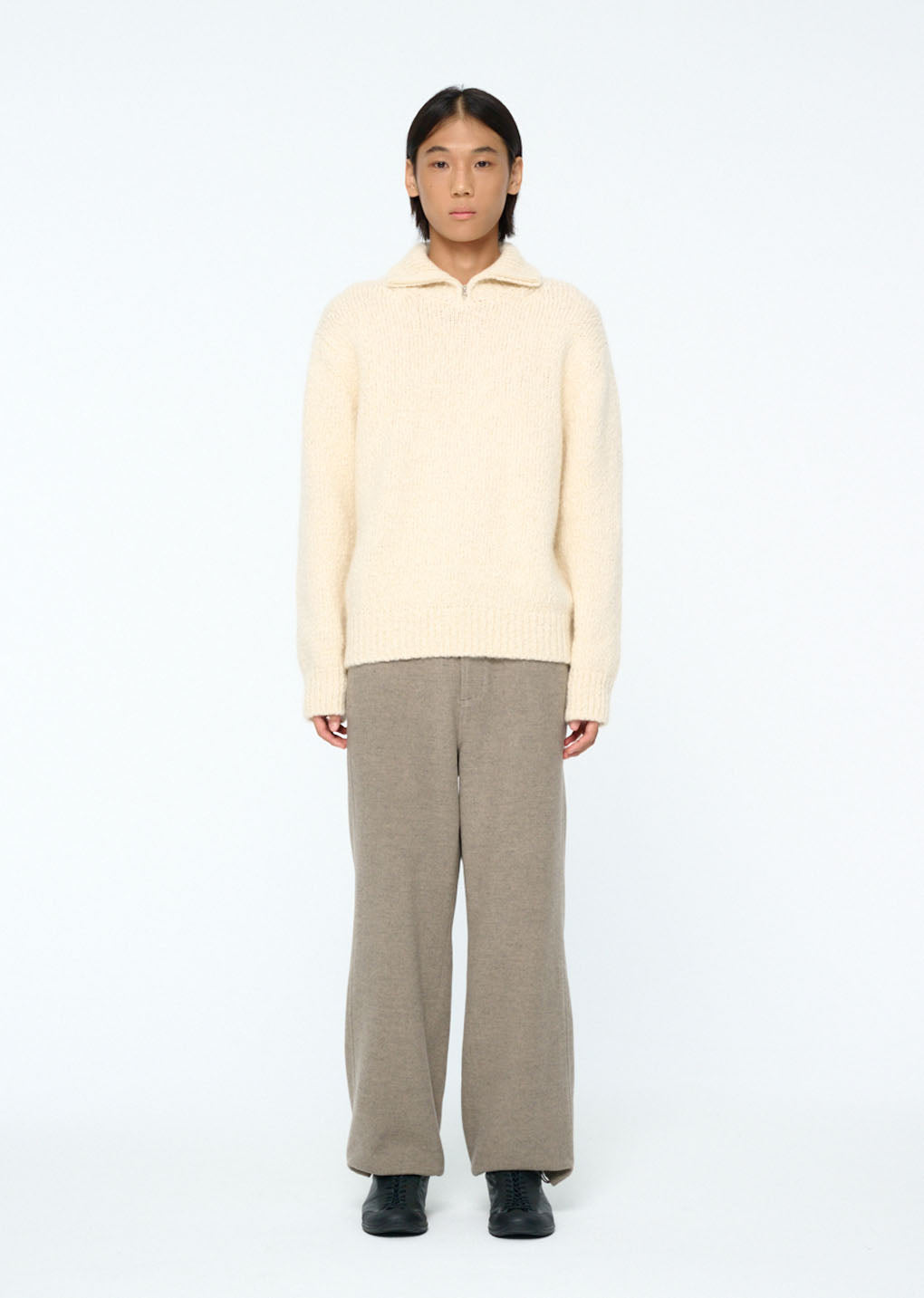 hairy slub half zip up knit, ecru