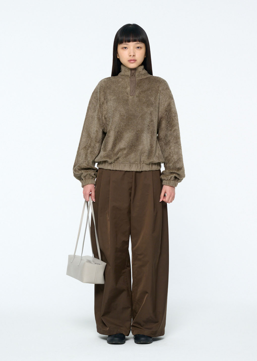 fluffy oversized half neck pullover, khaki