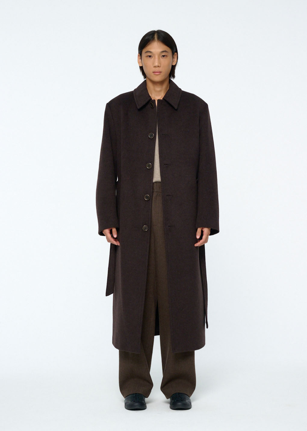 mens single breasted long coat, dark brown