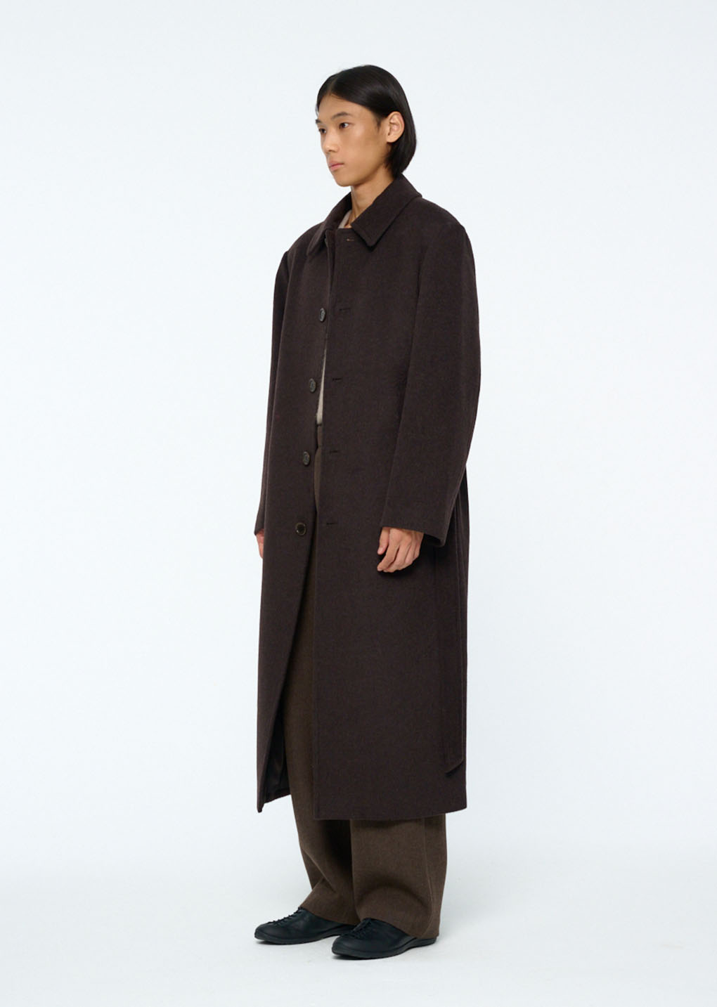 mens single breasted long coat, dark brown