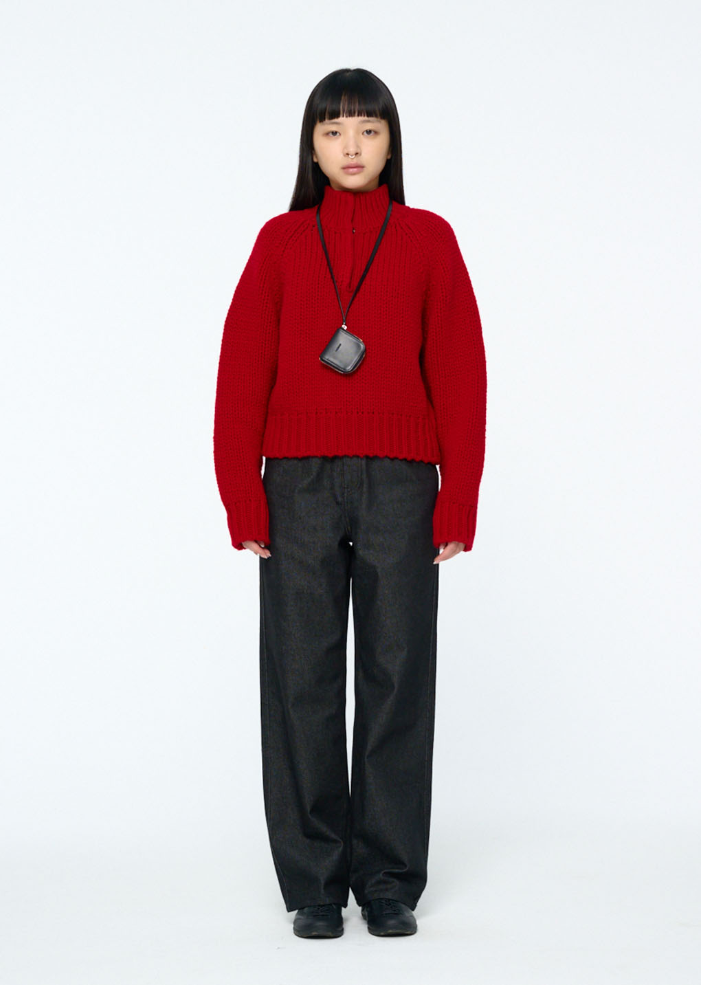 hand knitted half neck pullover, red