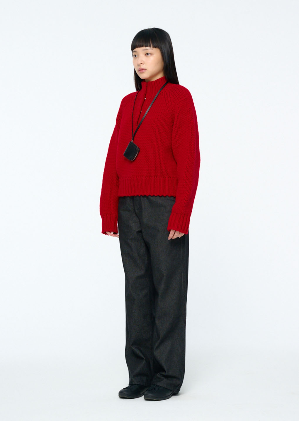 hand knitted half neck pullover, red