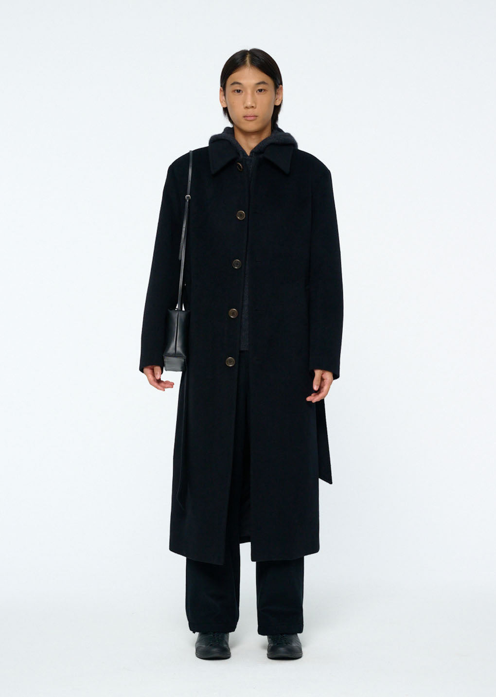 mens single breasted long coat, black