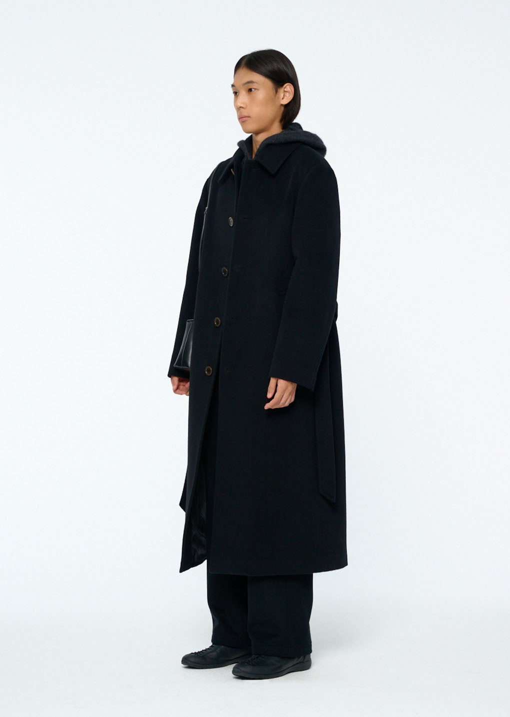 mens single breasted long coat, black