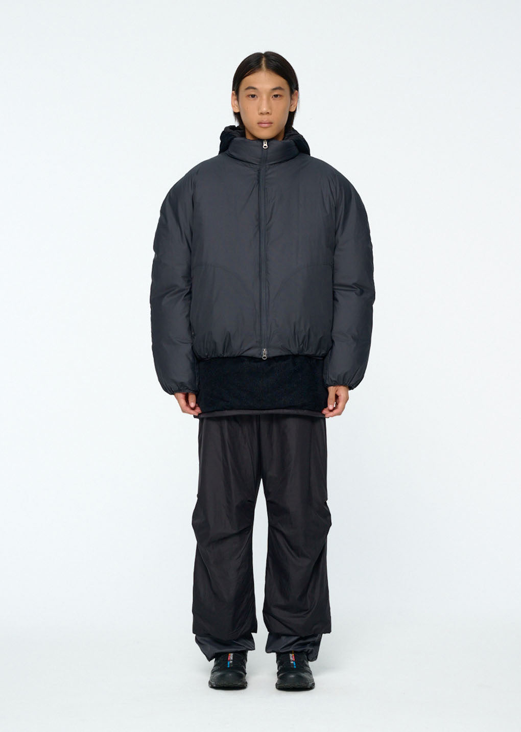 nylon reversible goose down puffer, charcoal