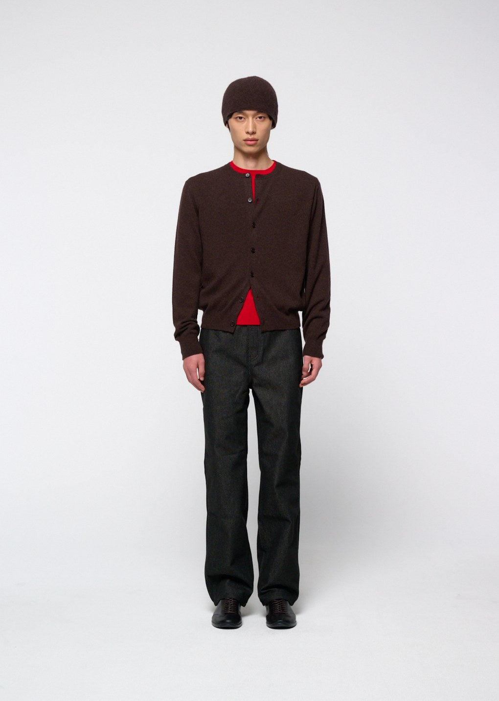 men's cashmere crewneck cardigan, brown hover