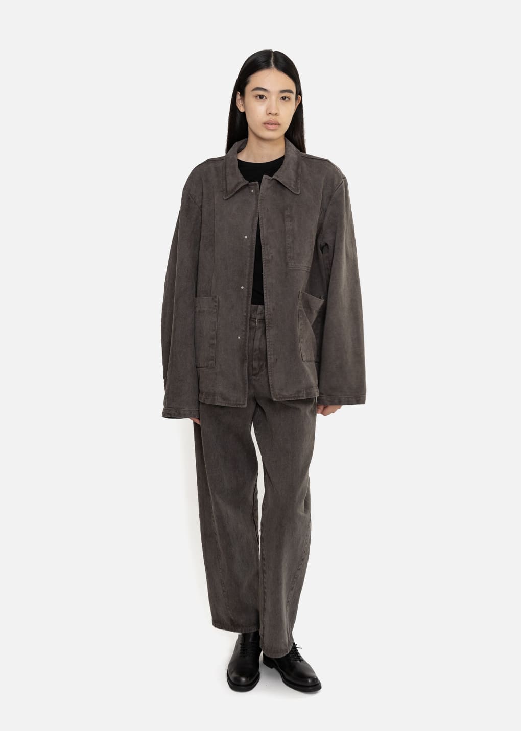 garments dyed curved seam denim, brown hover