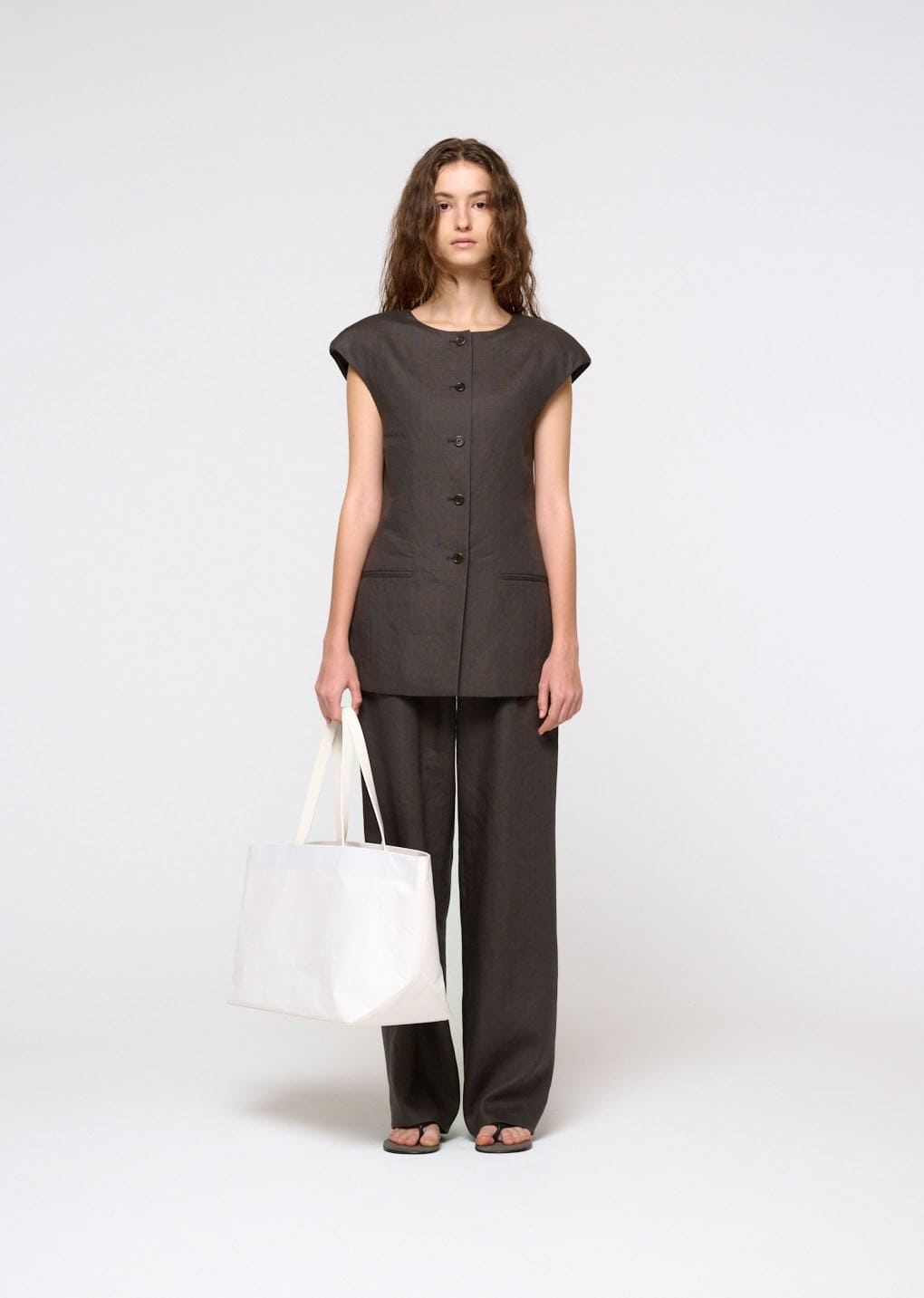 linen curved vest, khaki grey hover